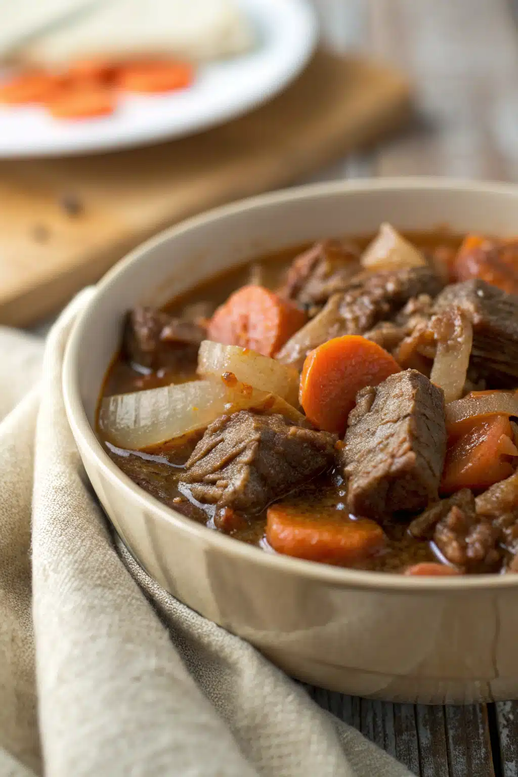 Slow Cooker Beef Stew slice on plate showing perfect texture and swirl pattern