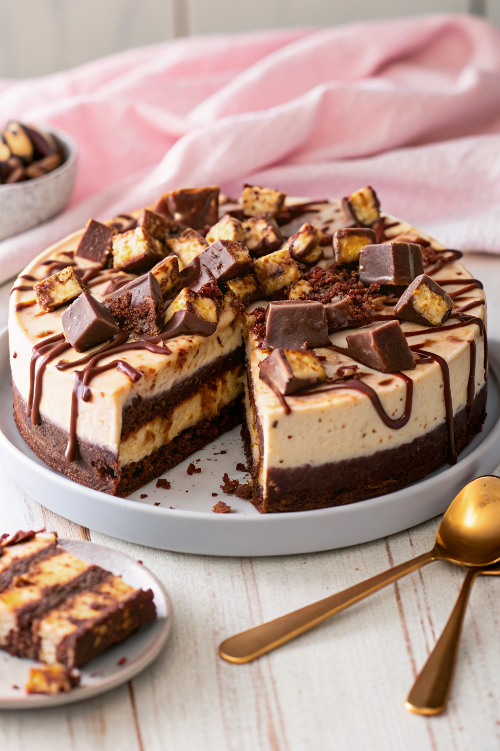 Snickers Peanut Butter Brownie Ice Cream Cake beautifully presented from an overhead angle