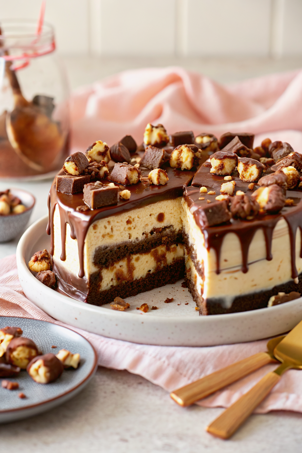 Snickers Peanut Butter Brownie Ice Cream Cake ingredients organized and measured on kitchen counter