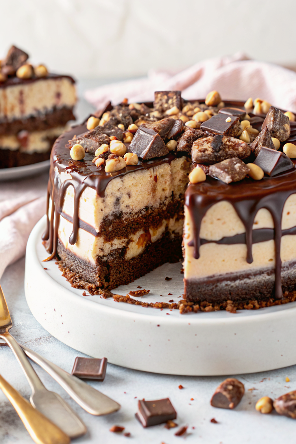 Snickers Peanut Butter Brownie Ice Cream Cake slice on plate showing perfect texture and swirl pattern