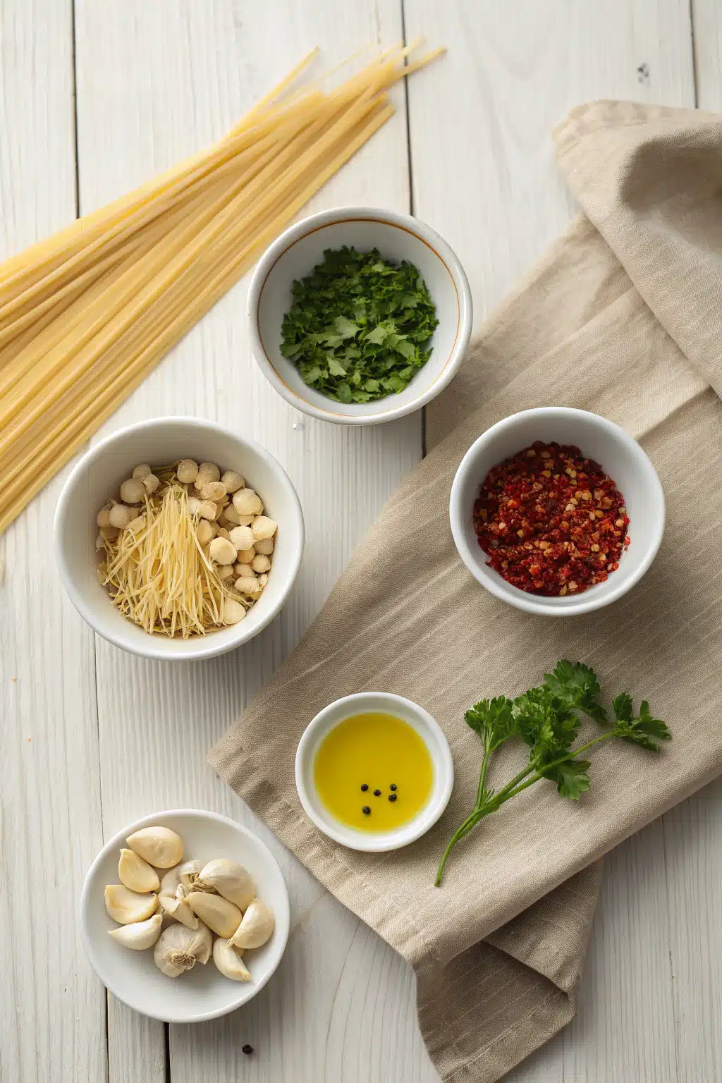 Spaghetti Aglio E Olio beautifully presented from an overhead angle