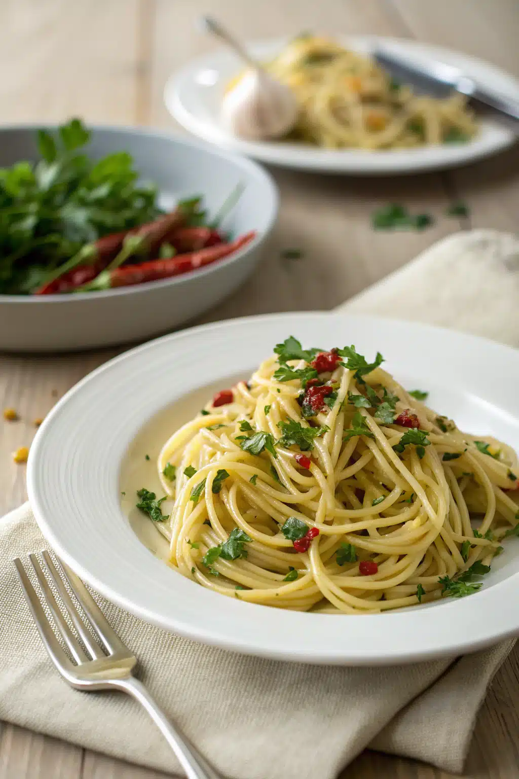 Spaghetti Aglio E Olio ingredients organized and measured on kitchen counter