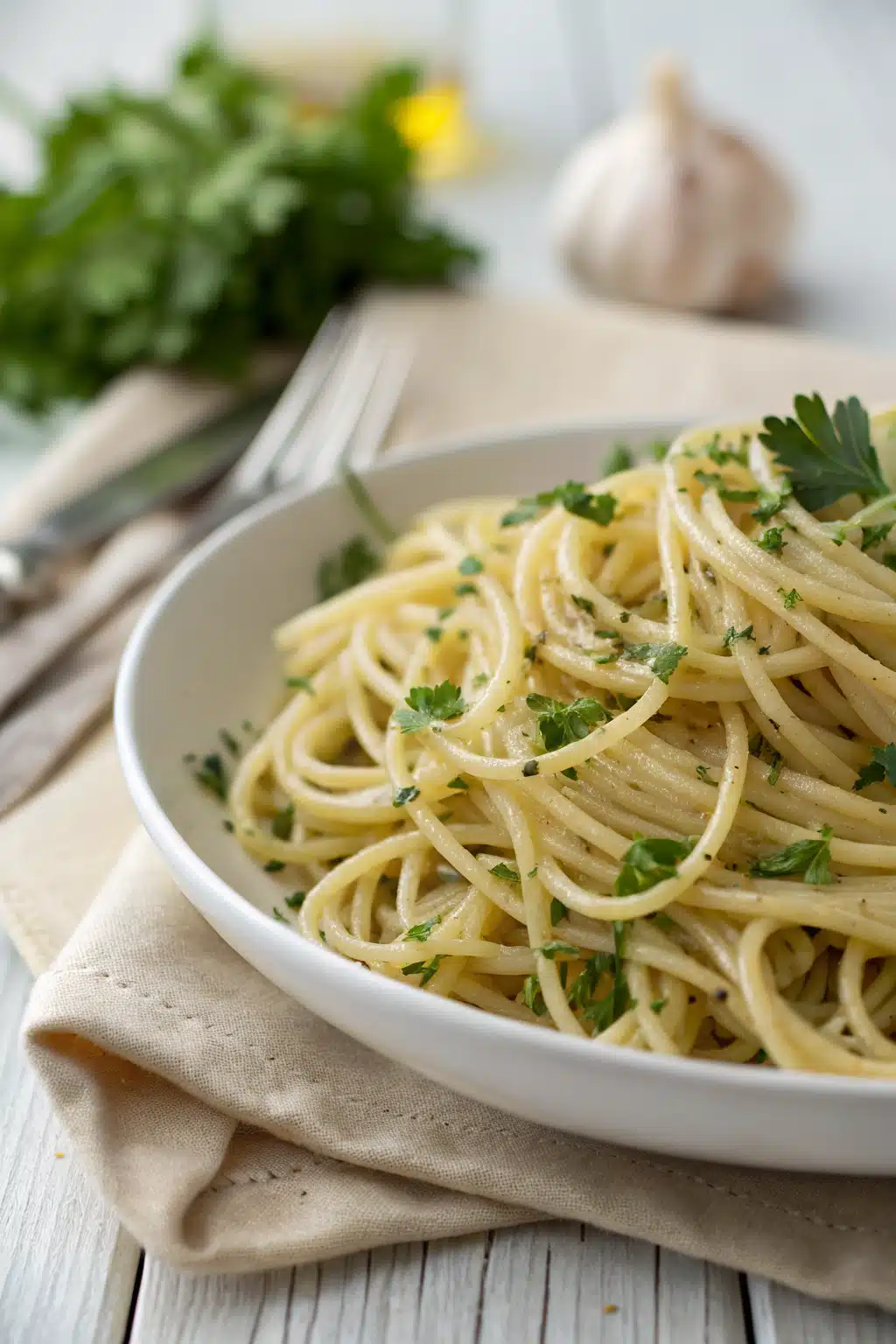 Spaghetti Aglio E Olio slice on plate showing perfect texture and swirl pattern