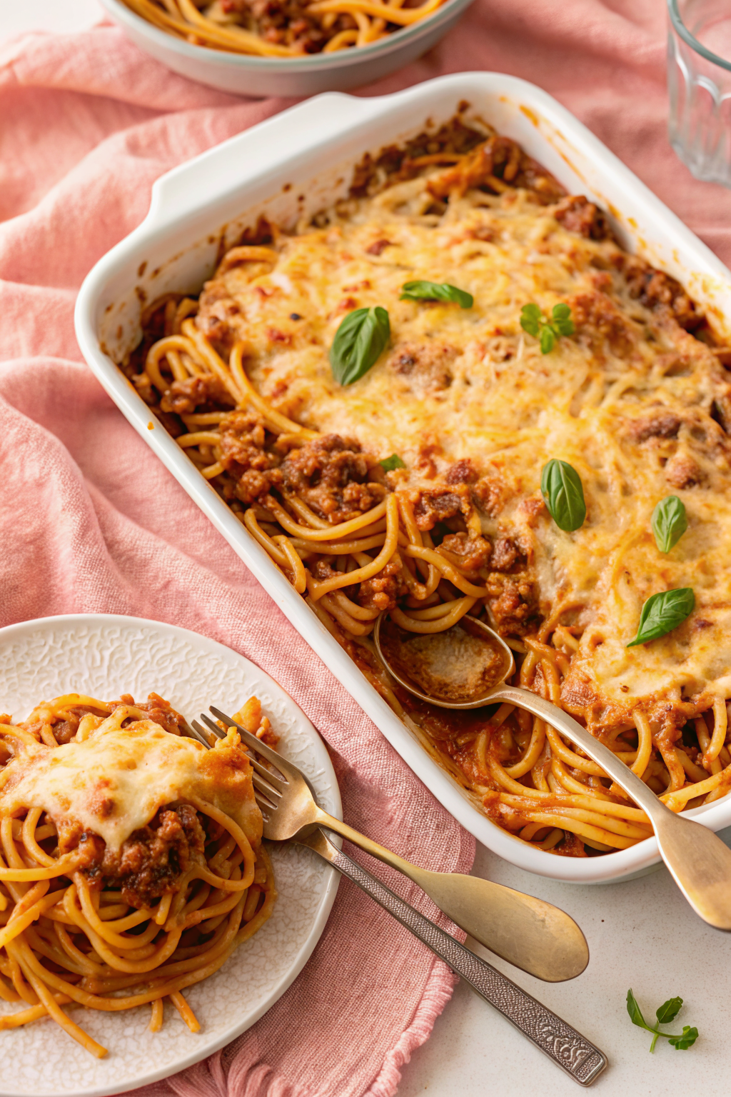 Spaghetti Bake beautifully presented from an overhead angle