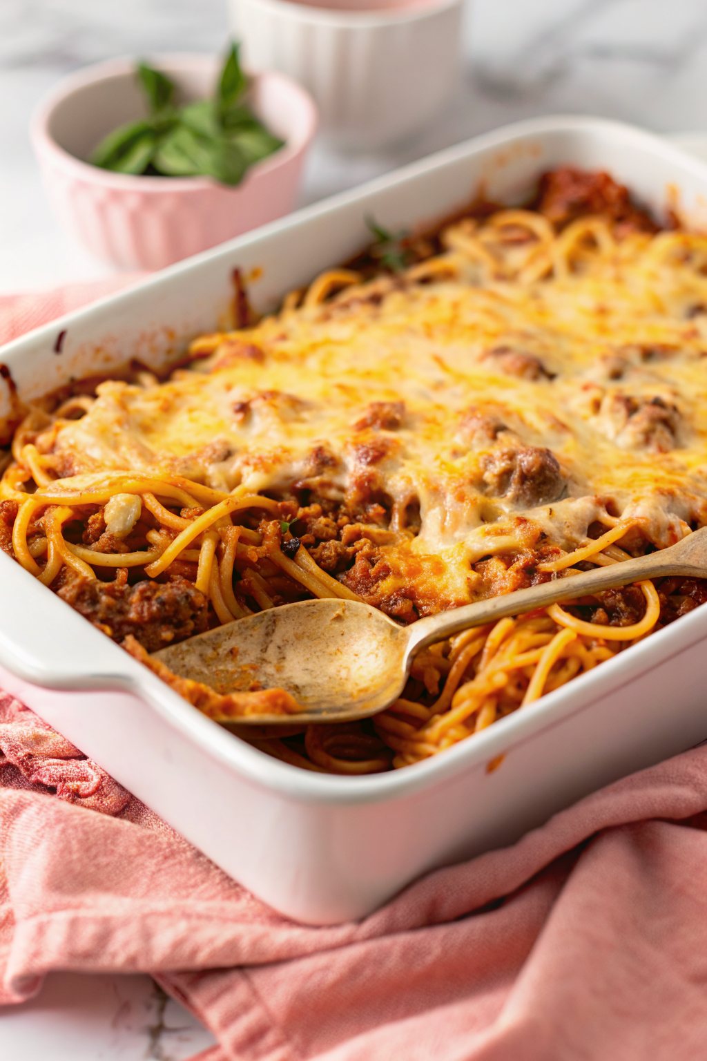 Spaghetti Bake slice on plate showing perfect texture and swirl pattern