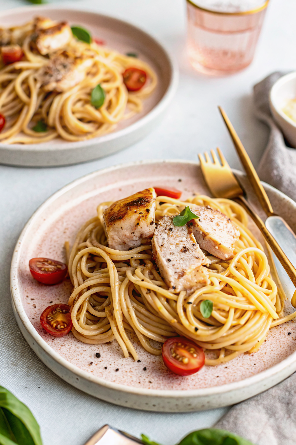 Spaghetti with Chicken and Grape Tomatoes ingredients organized and measured on kitchen counter