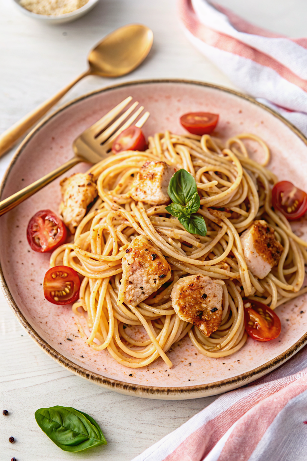 Spaghetti with Chicken and Grape Tomatoes slice on plate showing perfect texture and swirl pattern