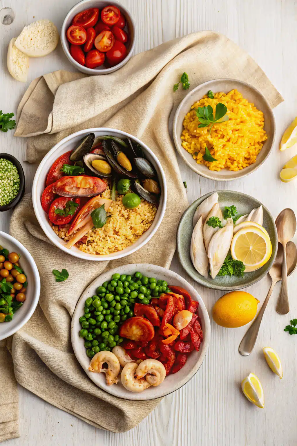 Spanish Paella beautifully presented from an overhead angle