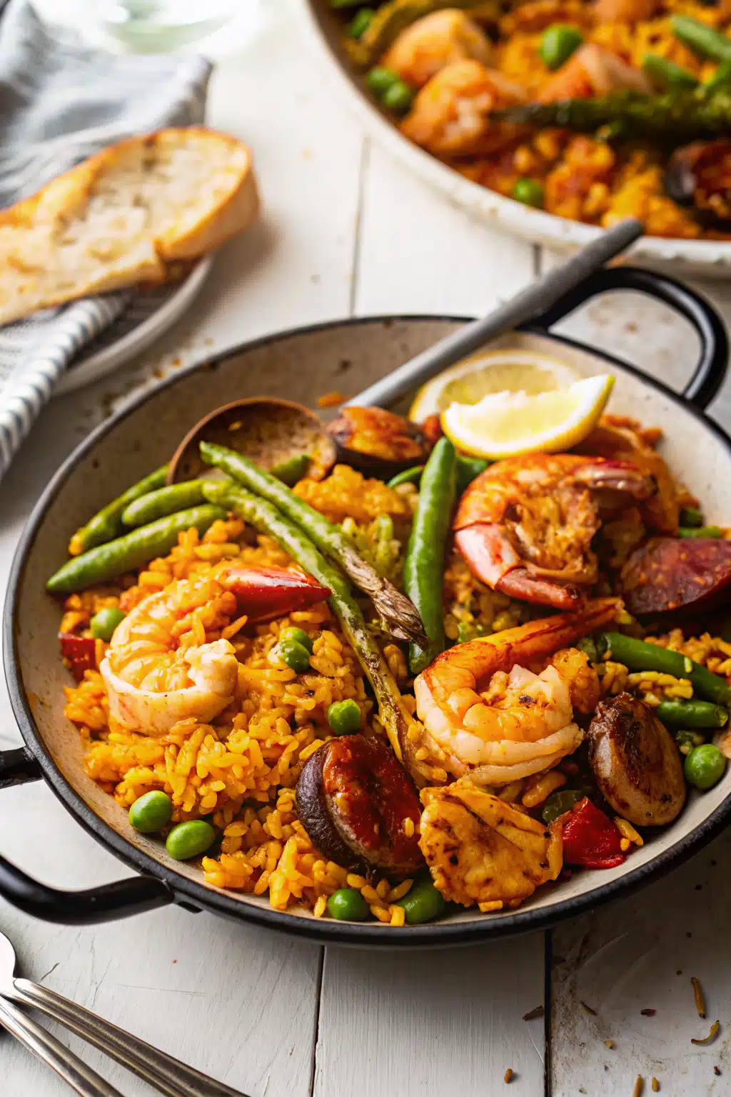 Spanish Paella ingredients organized and measured on kitchen counter