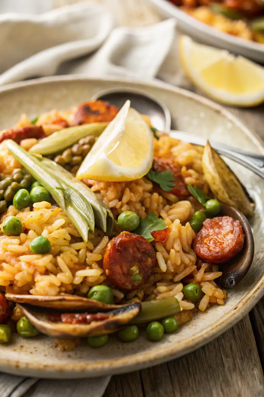 Spanish Paella slice on plate showing perfect texture and swirl pattern