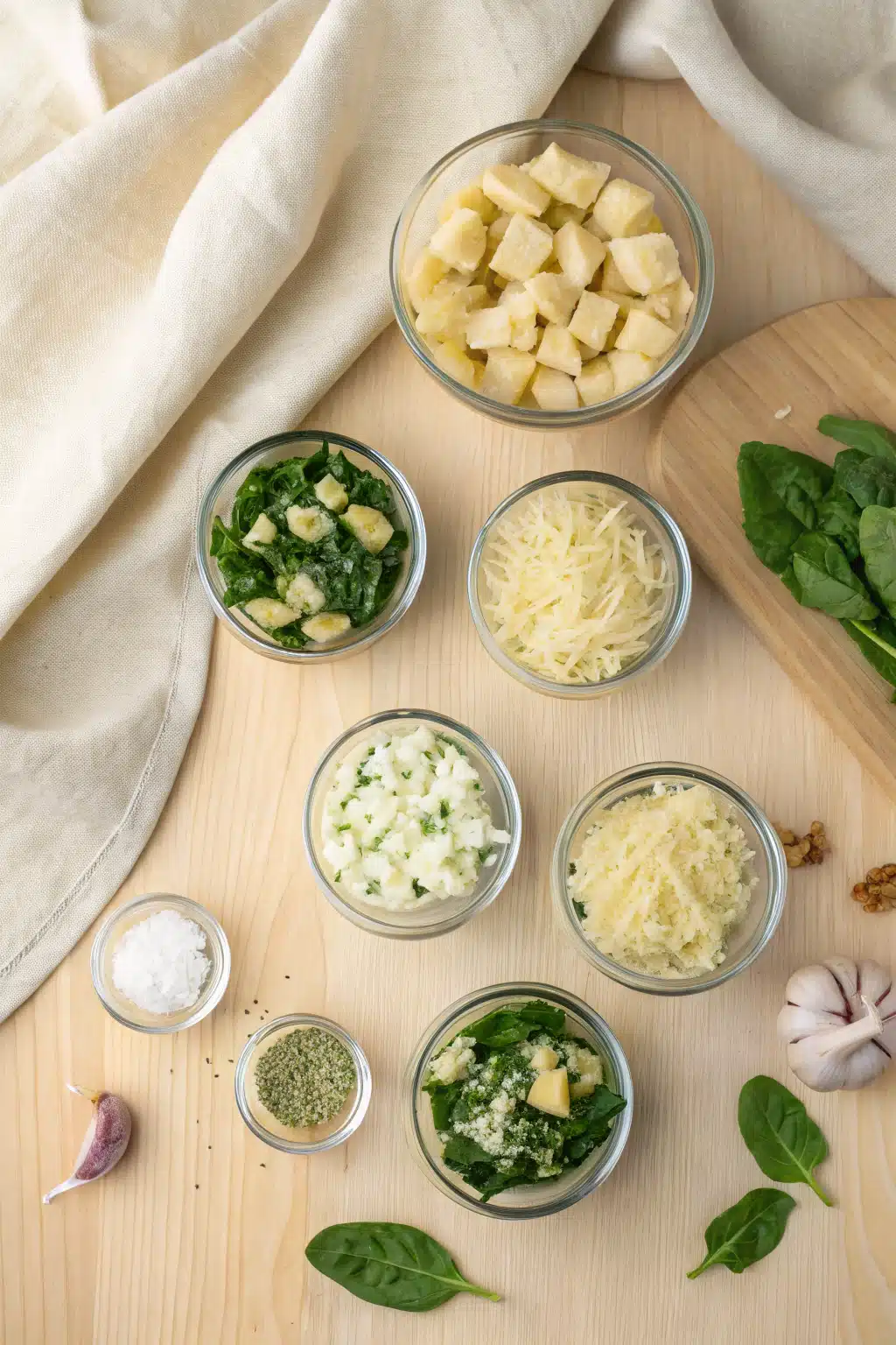 Spinach Artichoke Dip beautifully presented from an overhead angle