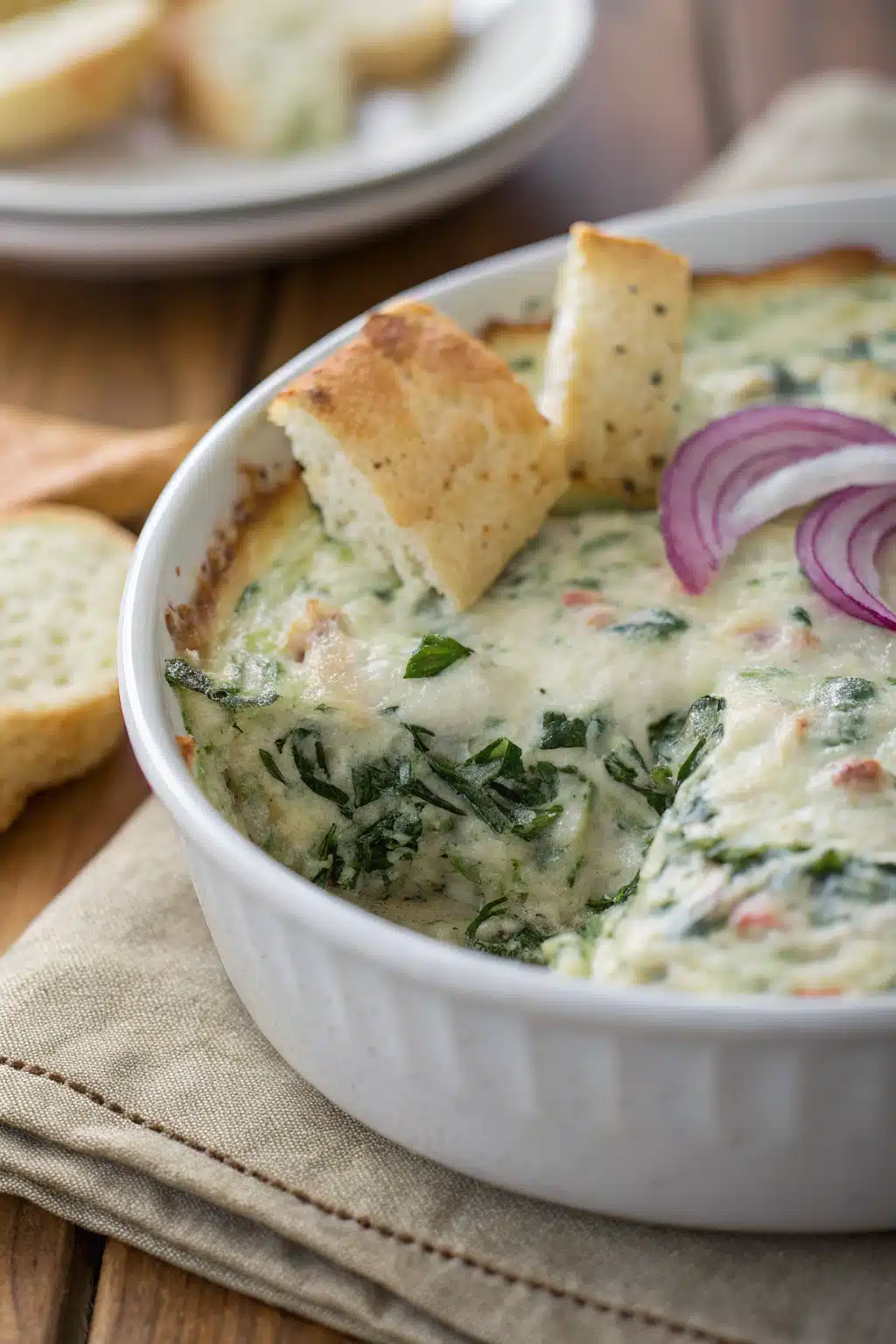 Spinach Artichoke Dip slice on plate showing perfect texture and swirl pattern