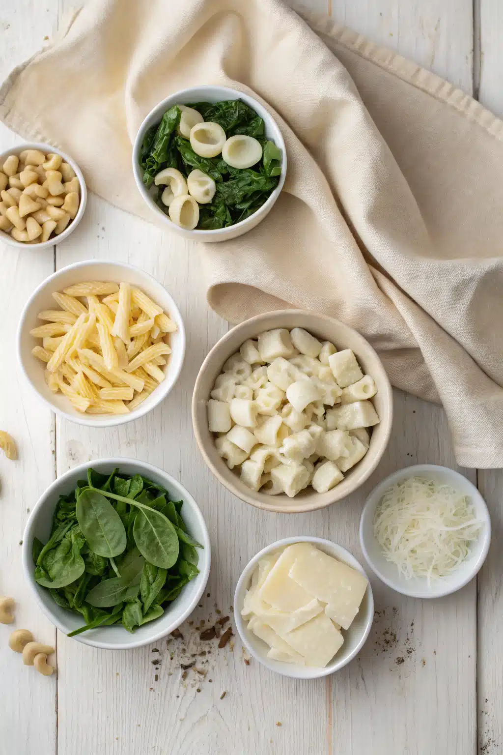 Spinach Artichoke Pasta Bake beautifully presented from an overhead angle