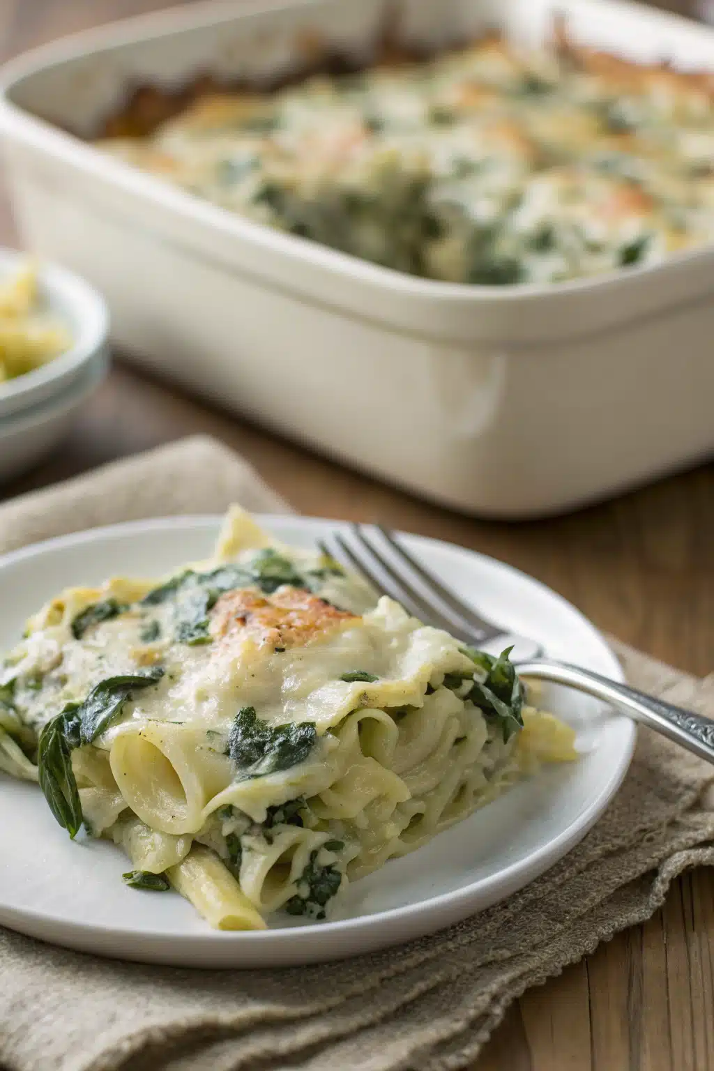 Spinach Artichoke Pasta Bake ingredients organized and measured on kitchen counter