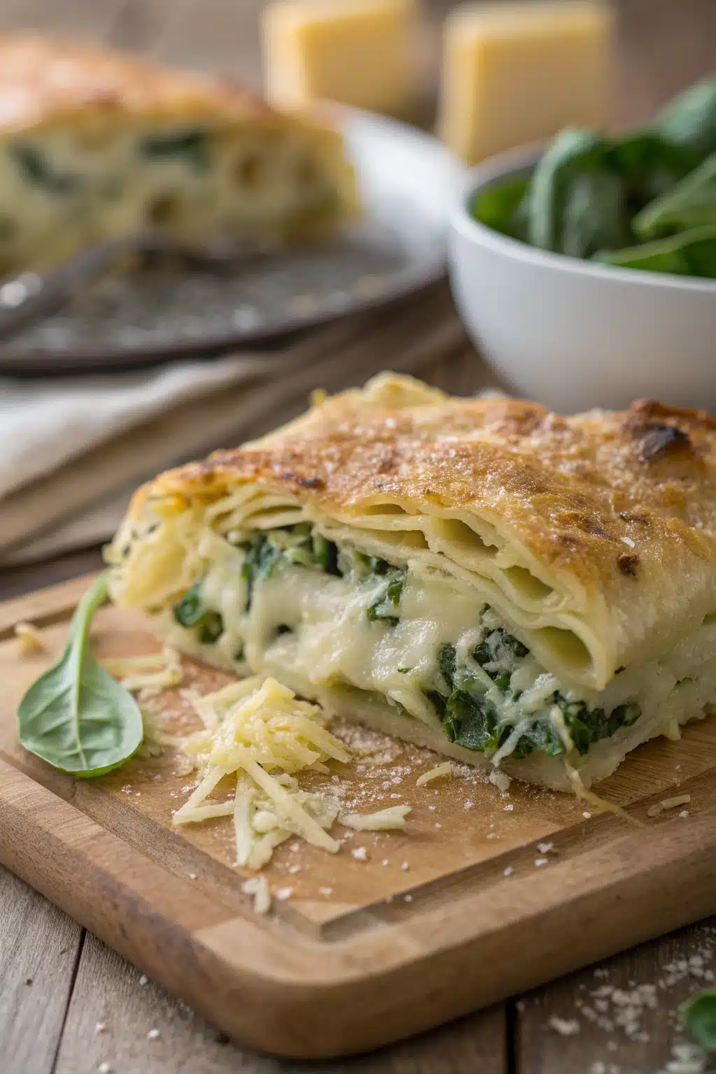 Spinach Artichoke Pasta Bake slice on plate showing perfect texture and swirl pattern