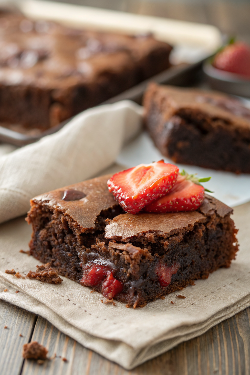 Strawberry Brownies slice on plate showing perfect texture and swirl pattern