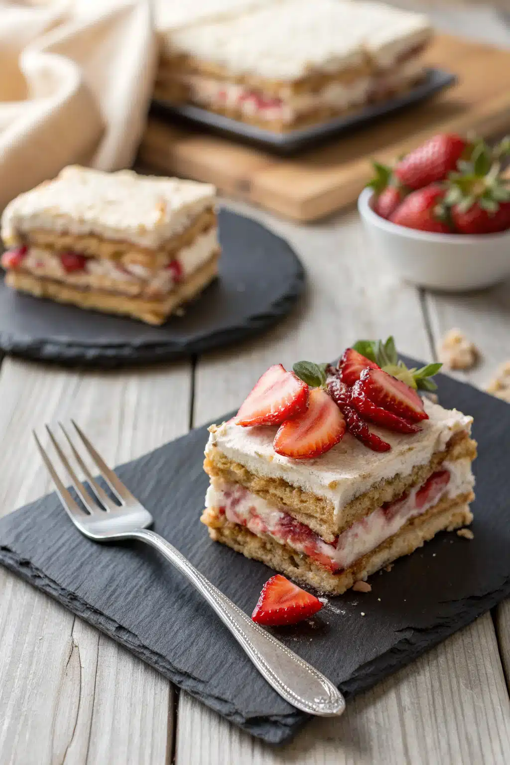 Strawberry Icebox Cake ingredients organized and measured on kitchen counter