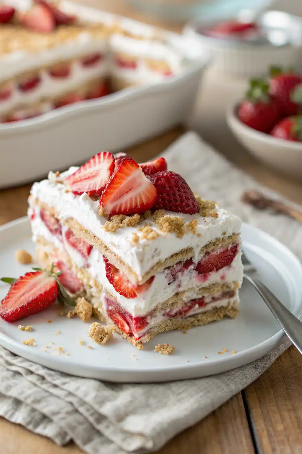 Strawberry Icebox Cake slice on plate showing perfect texture and swirl pattern