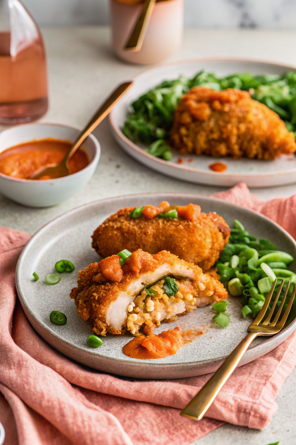 Buffalo Stuffed Chicken Breasts beautifully presented from an overhead angle