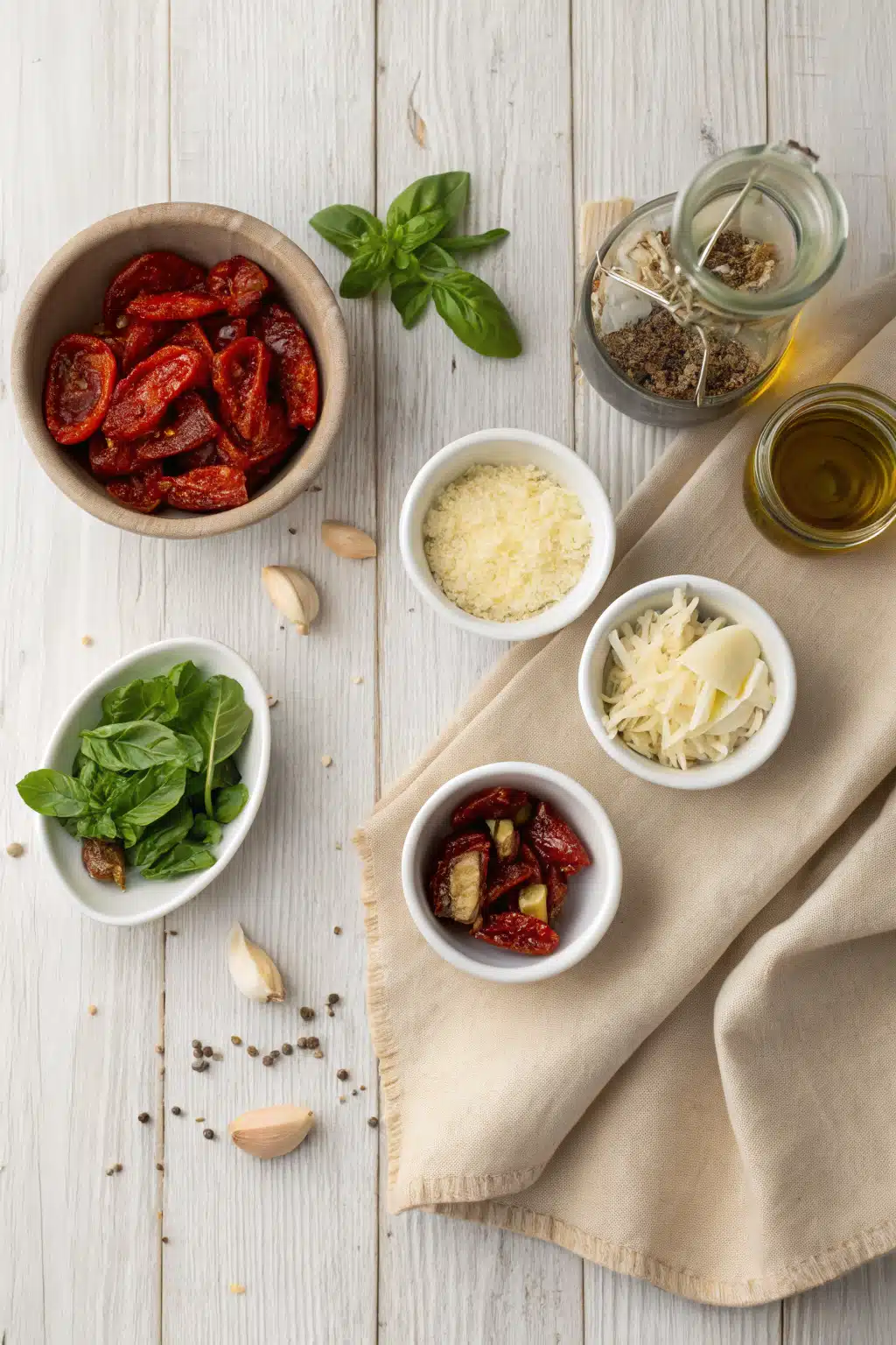 Sun Dried Tomato Pasta beautifully presented from an overhead angle