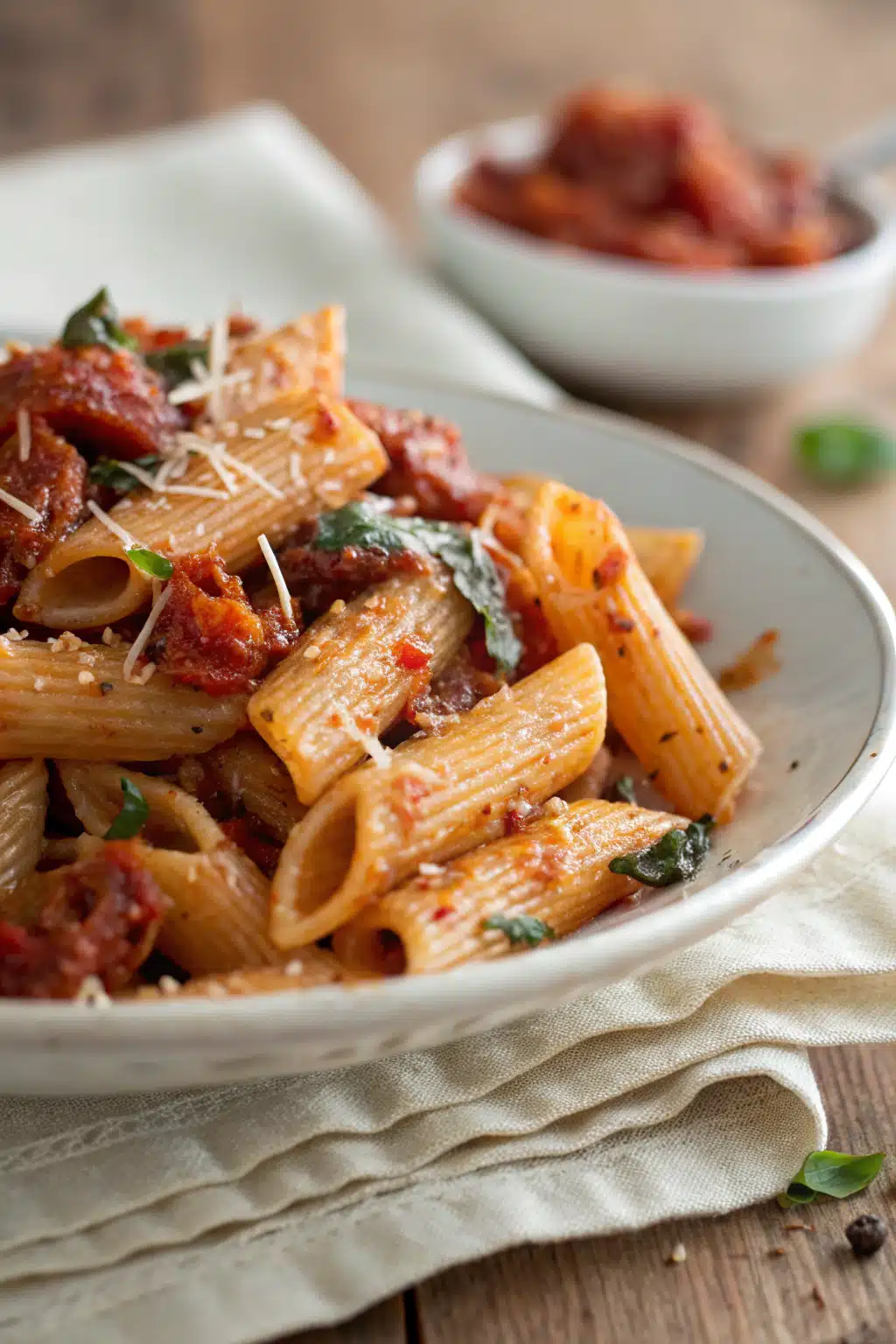 Sun Dried Tomato Pasta slice on plate showing perfect texture and swirl pattern