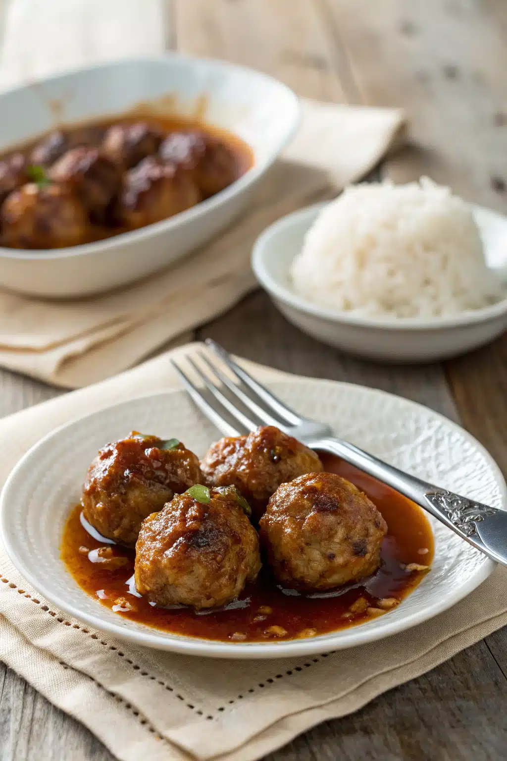 Sweet And Sour Meatballs ingredients organized and measured on kitchen counter