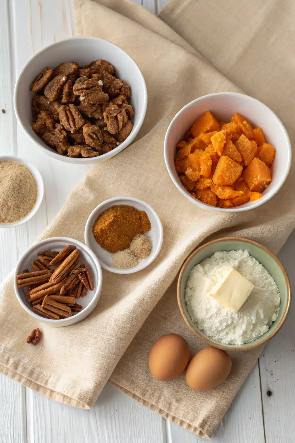 Sweet Potato Casserole beautifully presented from an overhead angle
