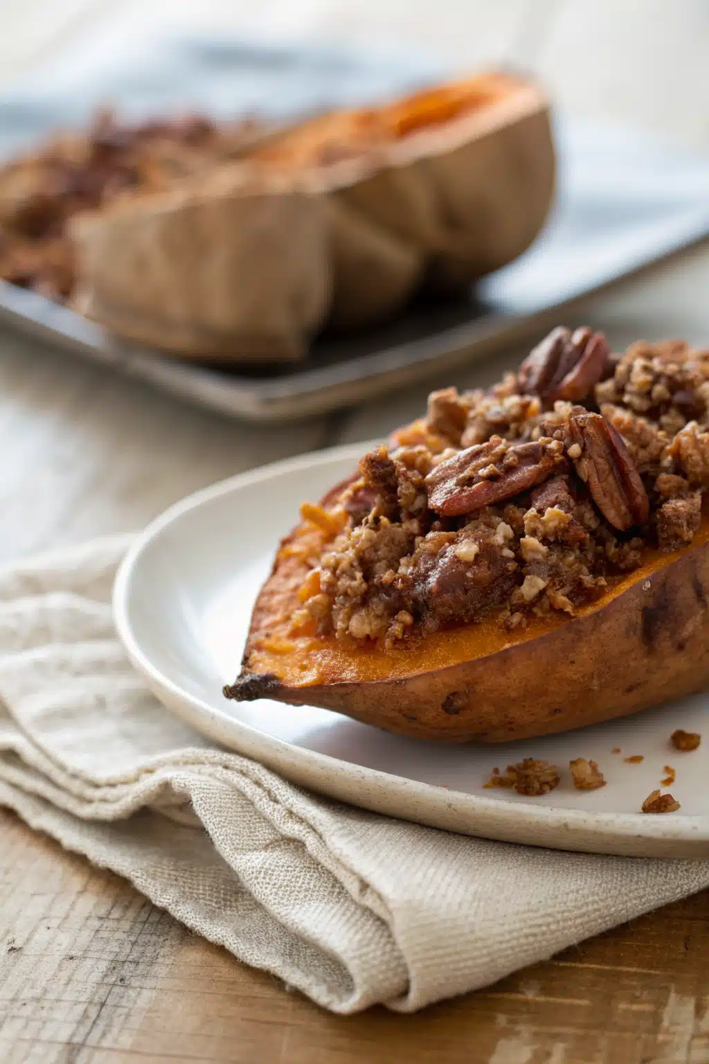 Sweet Potato Casserole slice on plate showing perfect texture and swirl pattern