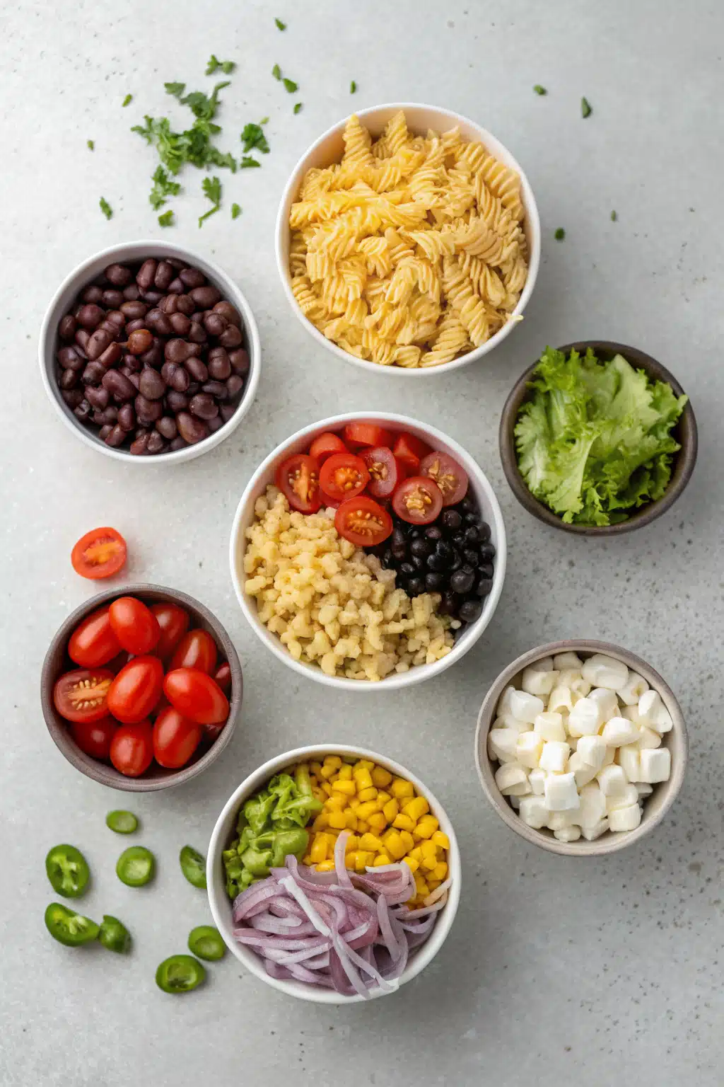 Taco Pasta Salad beautifully presented from an overhead angle