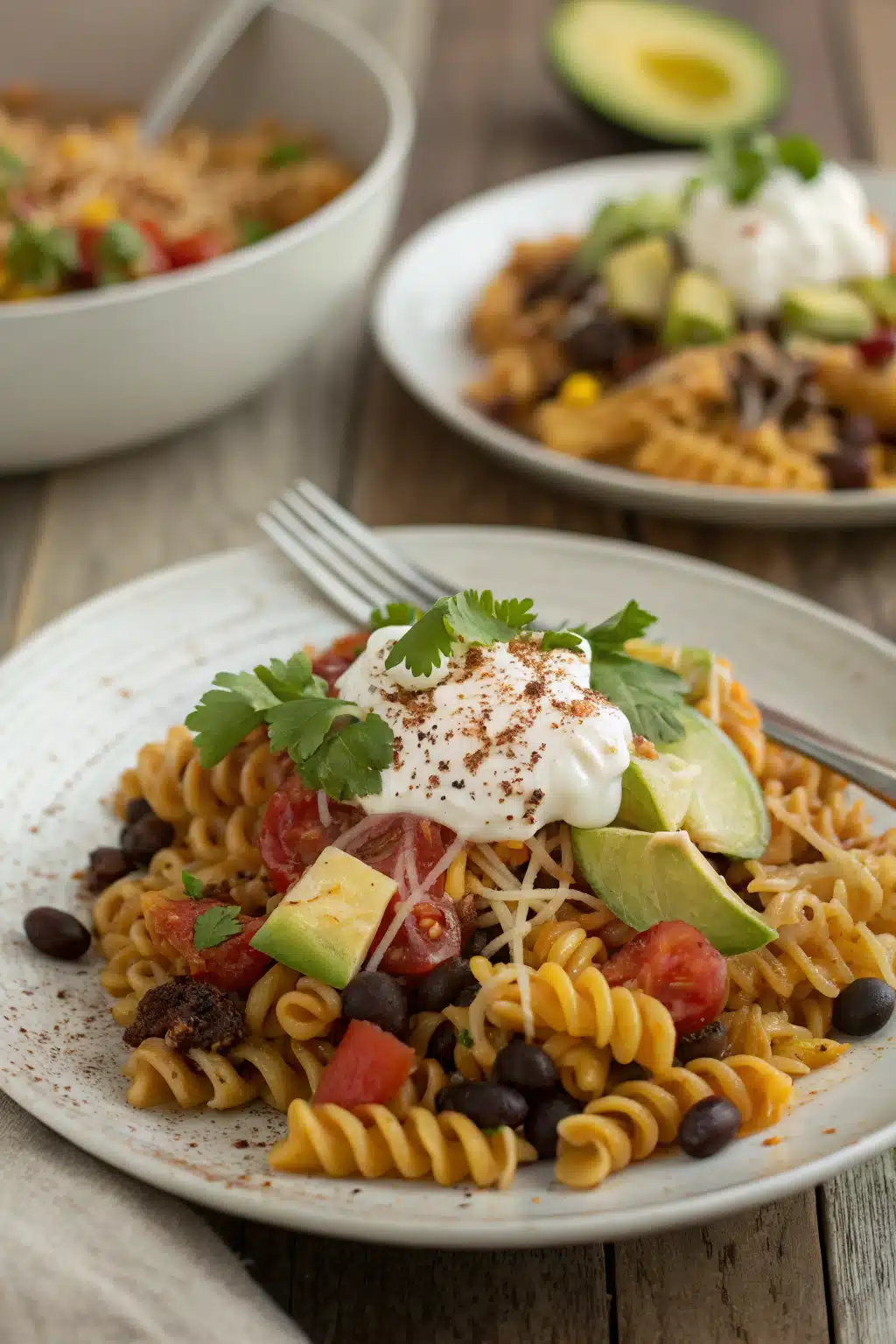 Taco Pasta Salad ingredients organized and measured on kitchen counter