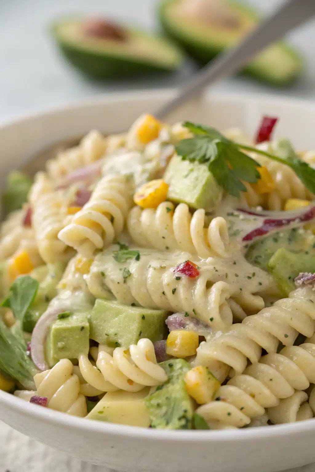 Taco Pasta Salad slice on plate showing perfect texture and swirl pattern
