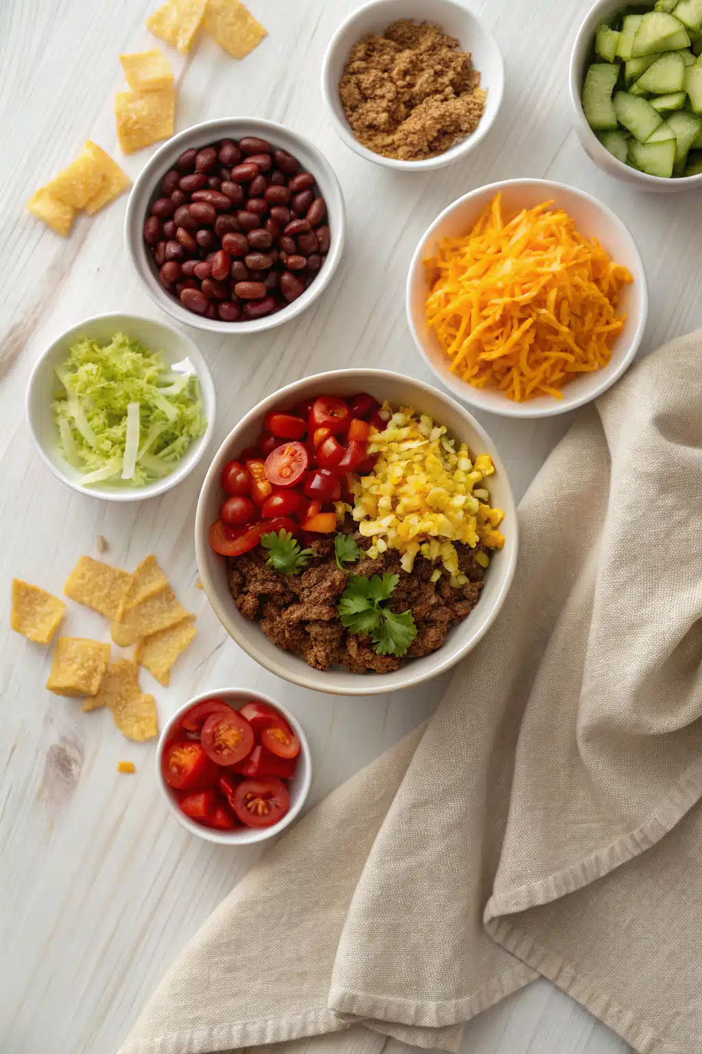 Taco Soup beautifully presented from an overhead angle
