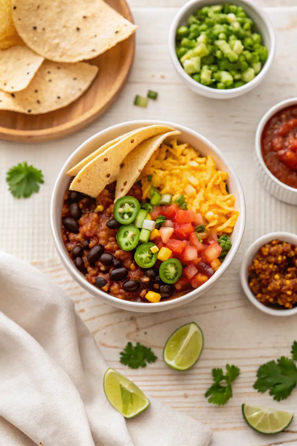 Taco Soup beautifully presented from an overhead angle