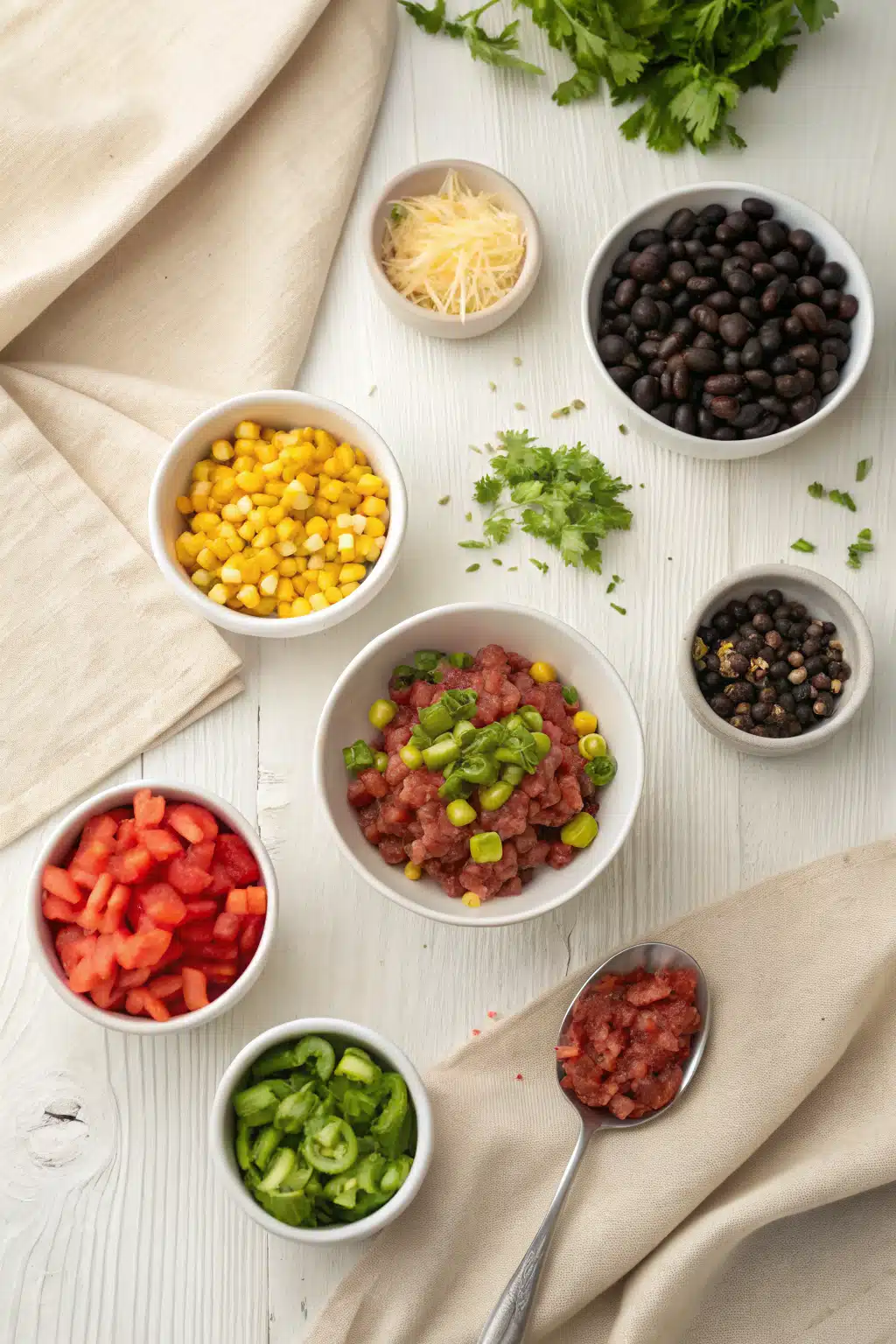 Taco Soup Recipe ingredients organized and measured on kitchen counter