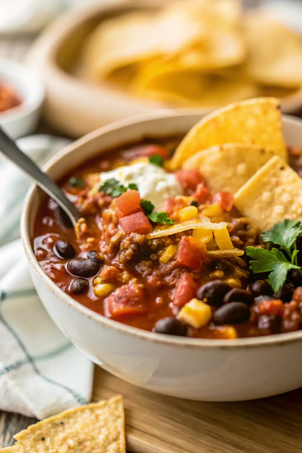 Taco Soup slice on plate showing perfect texture and swirl pattern