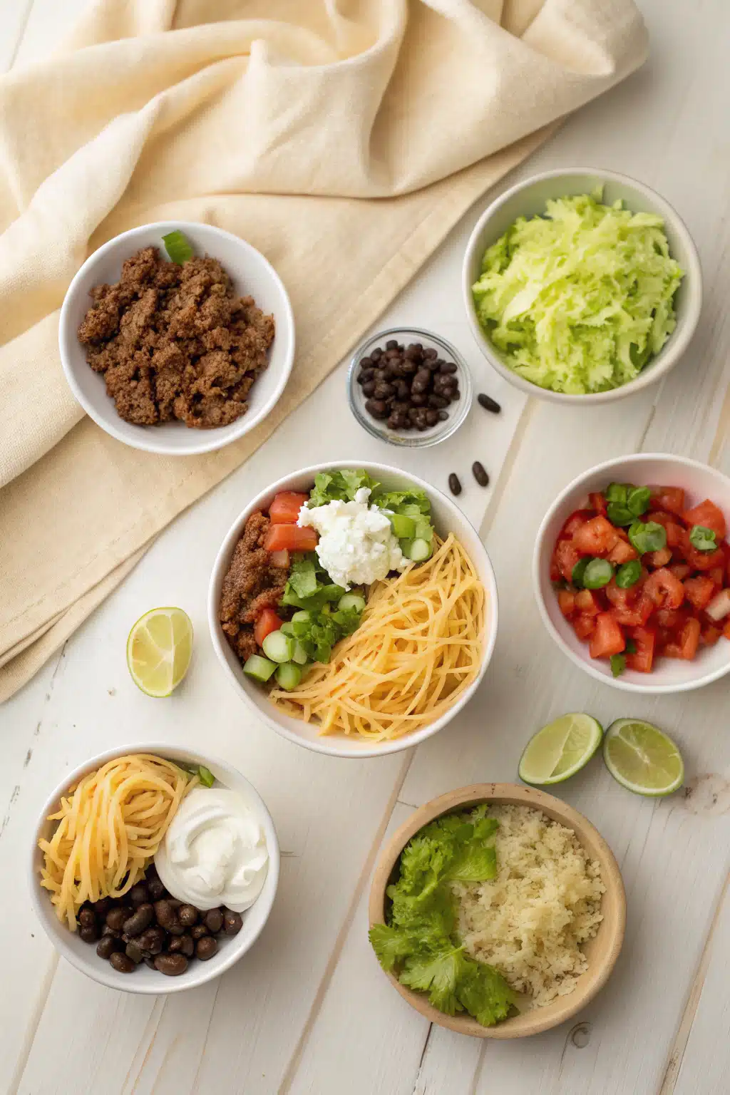 Taco Spaghetti ingredients organized and measured on kitchen counter