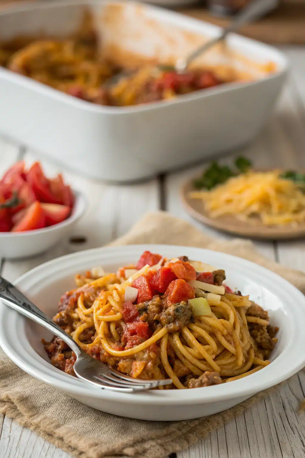 Taco Spaghetti ingredients organized and measured on kitchen counter