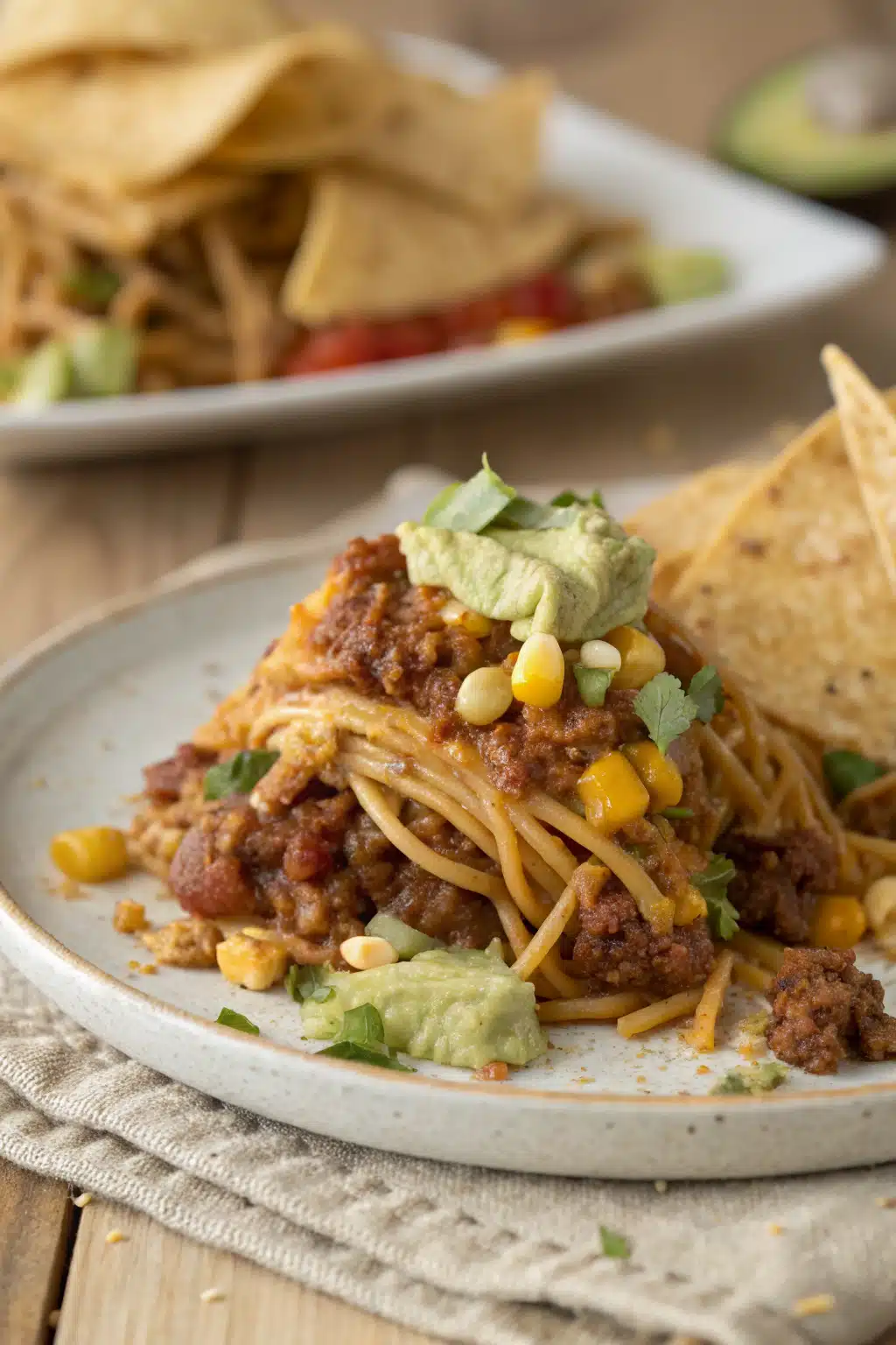 Taco Spaghetti slice on plate showing perfect texture and swirl pattern