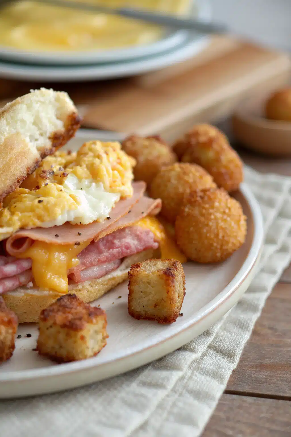 Tater Tot Breakfast Casserole slice on plate showing perfect texture and swirl pattern