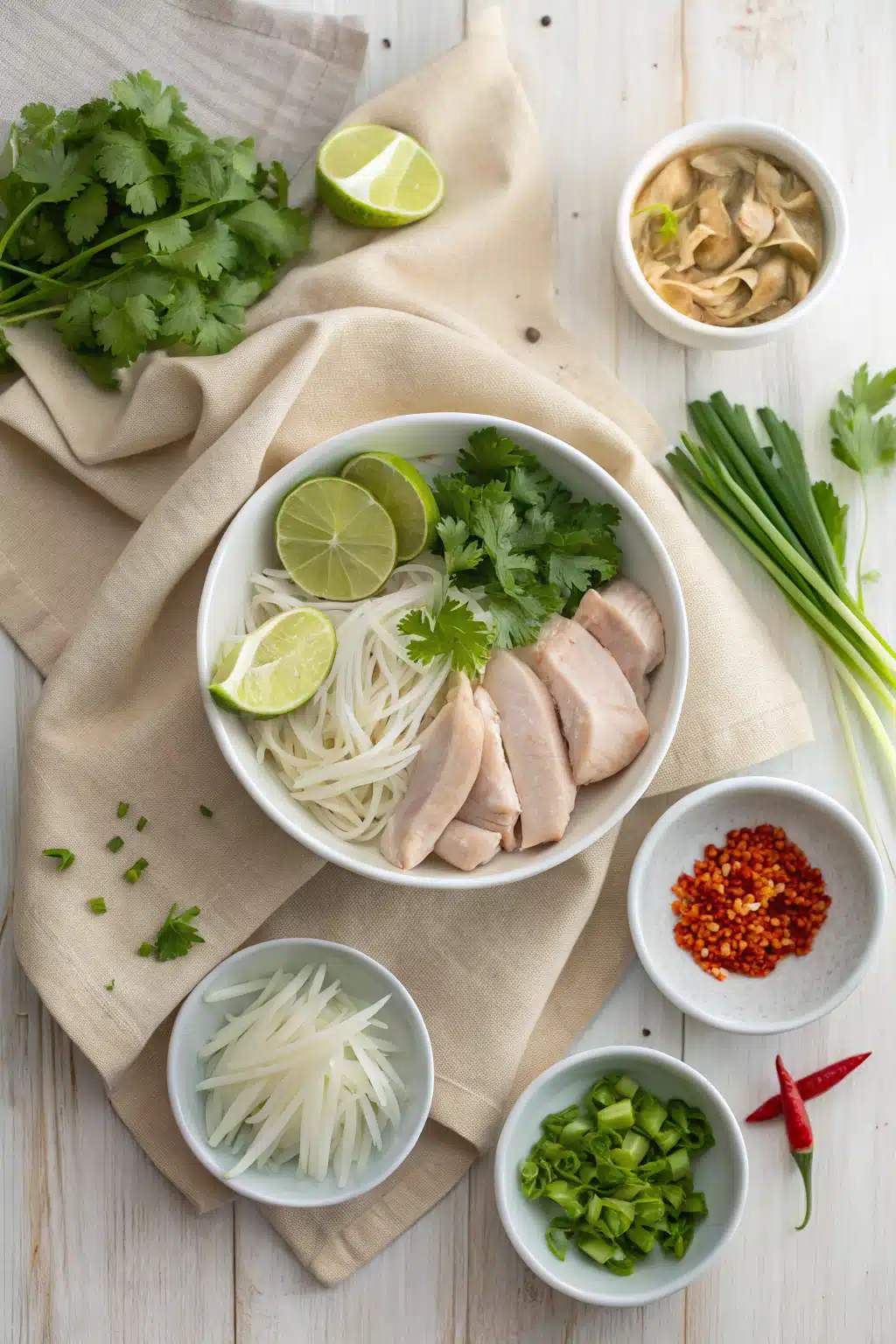 Thai Chicken Noodle Soup beautifully presented from an overhead angle