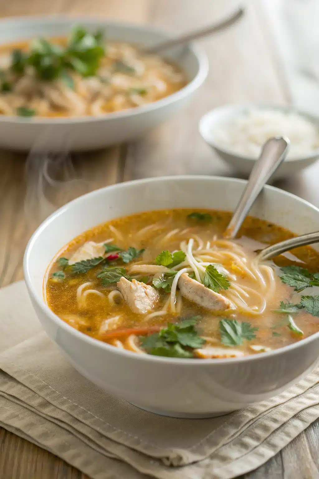 Thai Chicken Noodle Soup ingredients organized and measured on kitchen counter