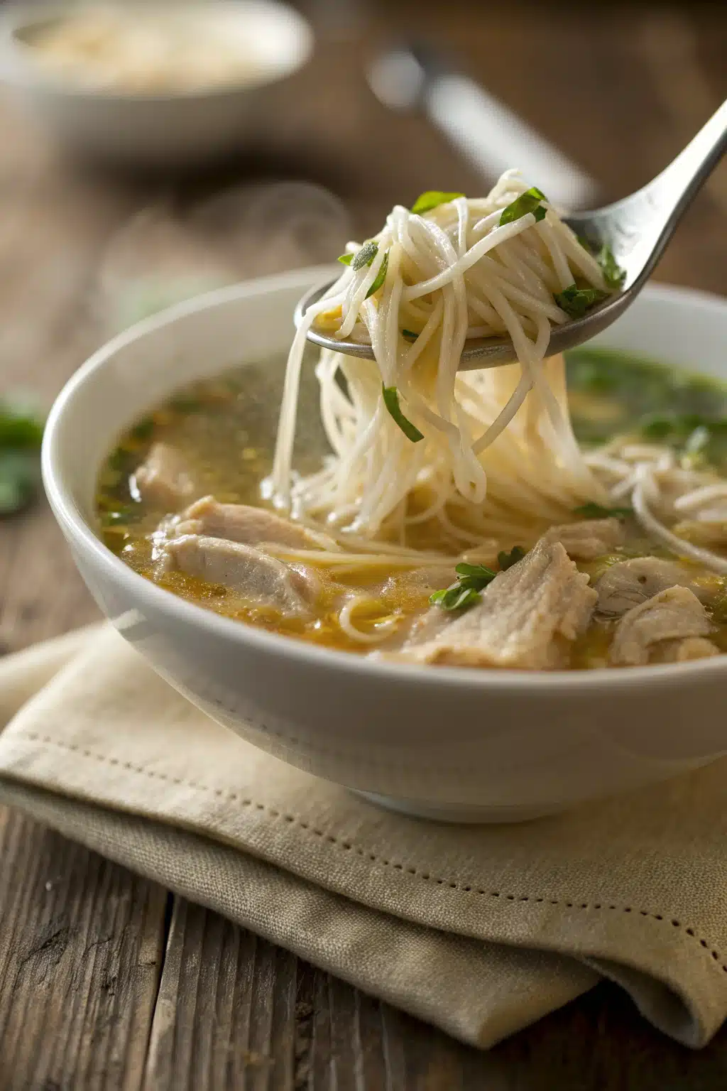 Thai Chicken Noodle Soup slice on plate showing perfect texture and swirl pattern