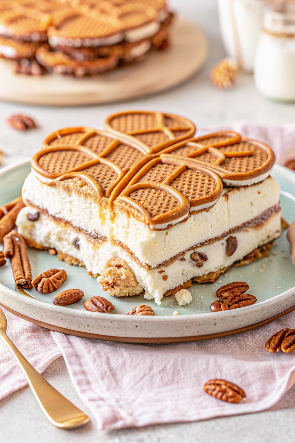 Turtle Ice Cream Sandwich Cake slice on plate showing perfect texture and swirl pattern