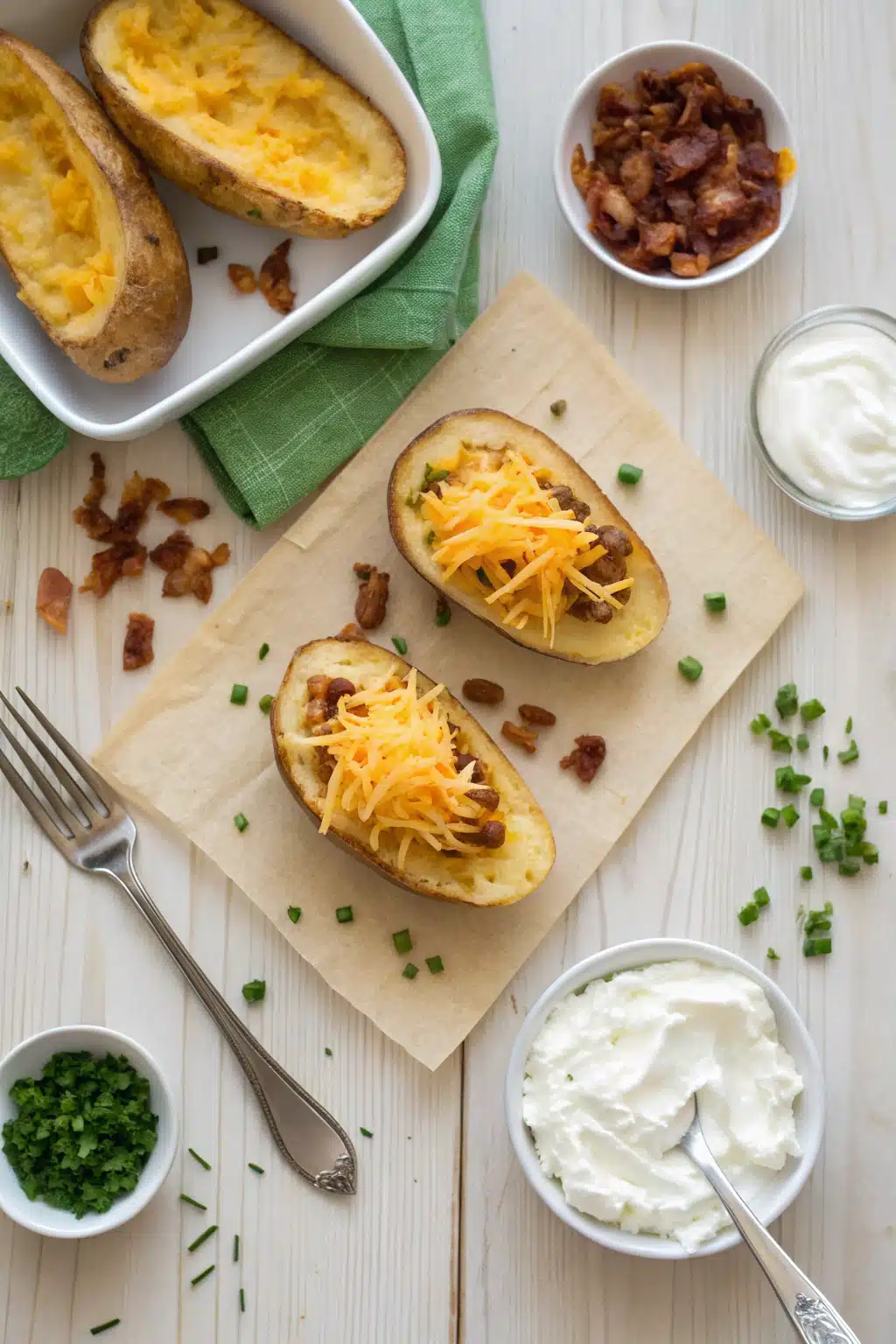 Twice Baked Potatoes Secrets ingredients organized and measured on kitchen counter