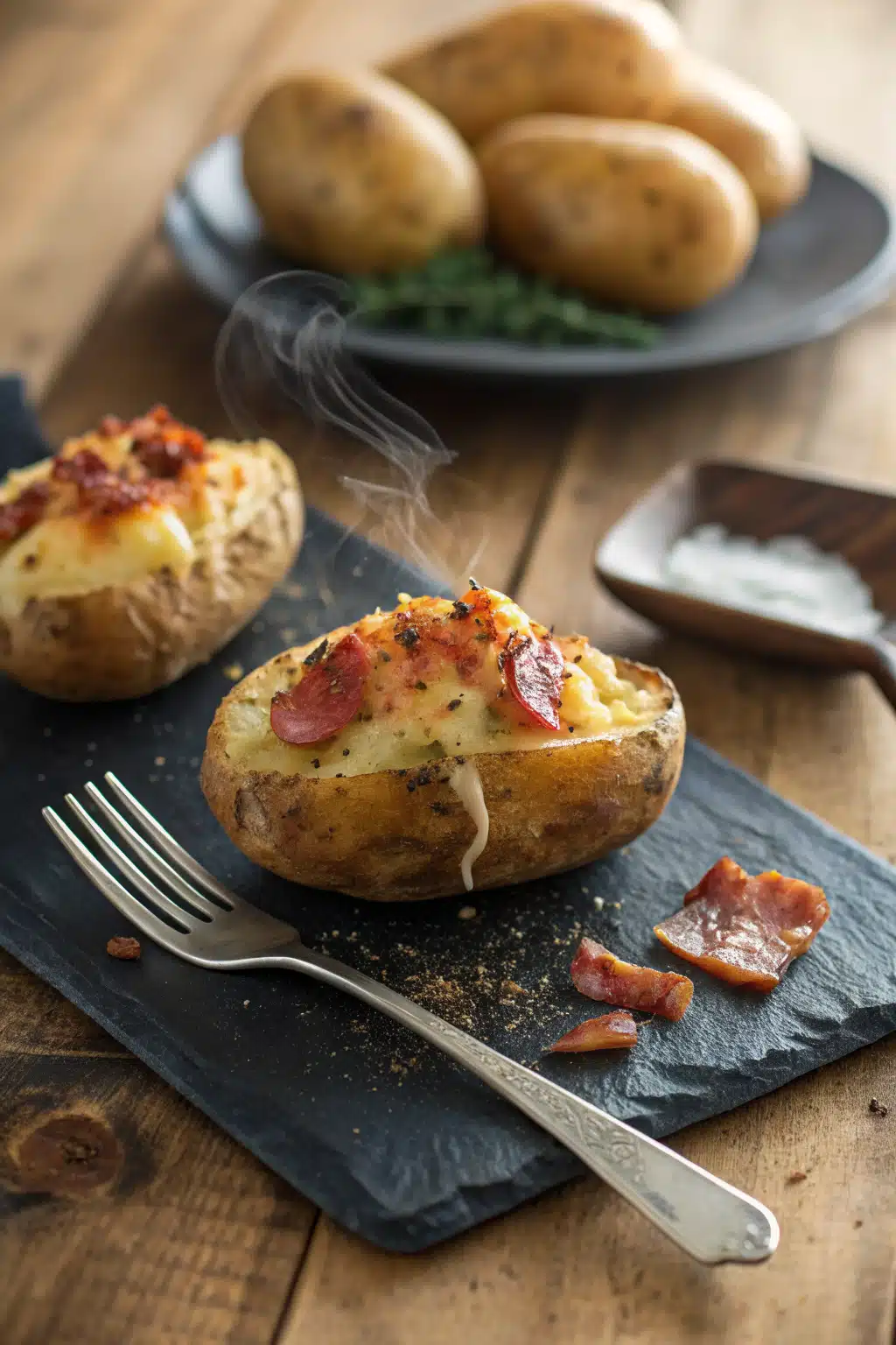 Twice Baked Potatoes Secrets preparation step showing scooped potato mixed with ingredients