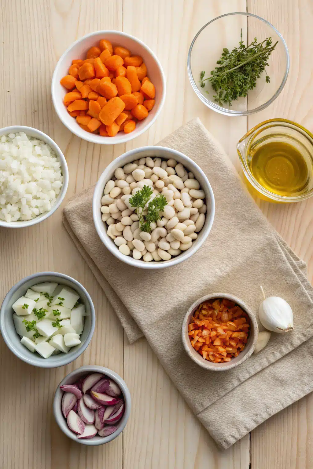 White Bean Soup beautifully presented from an overhead angle