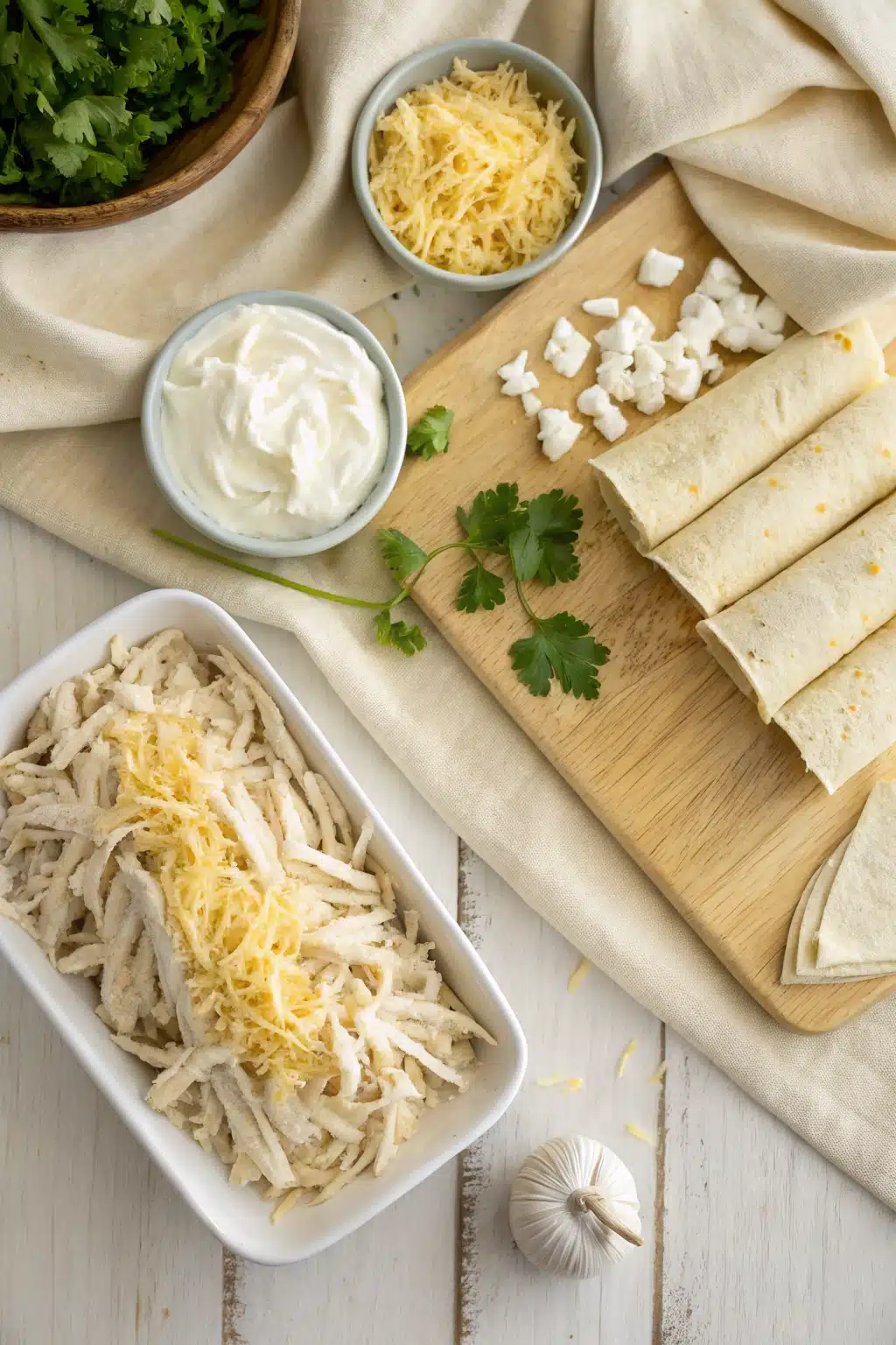 White Chicken Enchiladas beautifully presented from an overhead angle