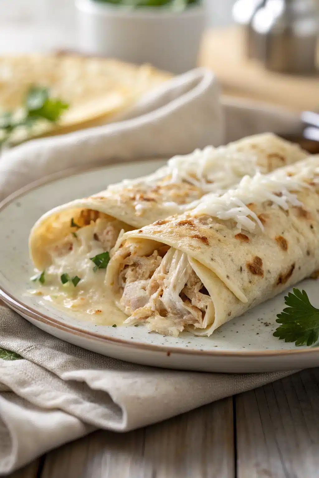 White Chicken Enchiladas slice on plate showing perfect texture and swirl pattern