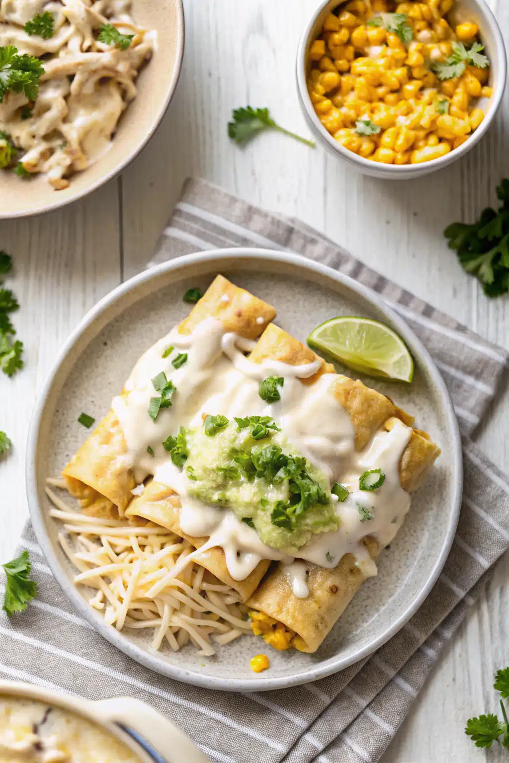 Creamy White Chicken Enchiladas beautifully presented from an overhead angle