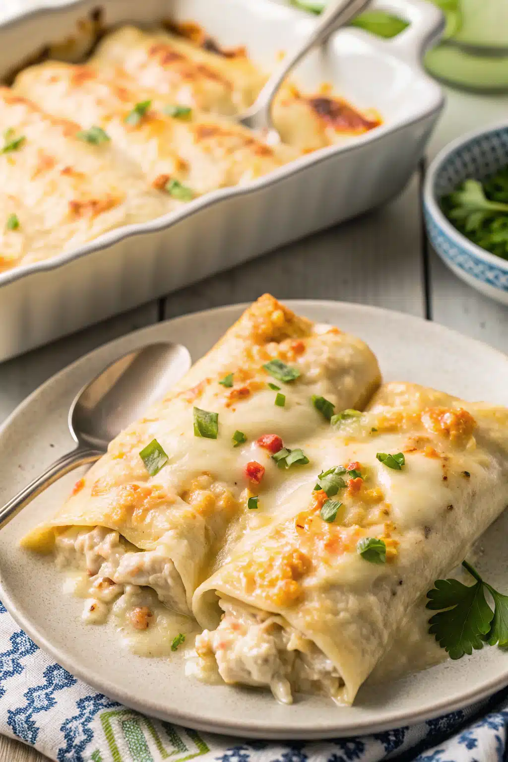 Creamy White Chicken Enchiladas slice on plate showing perfect texture and swirl pattern